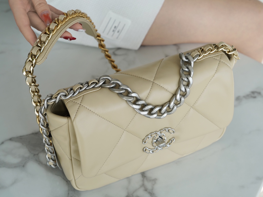 Chanel 19 BAG 22C Milk Tea Apricot Silver Accessories Small  