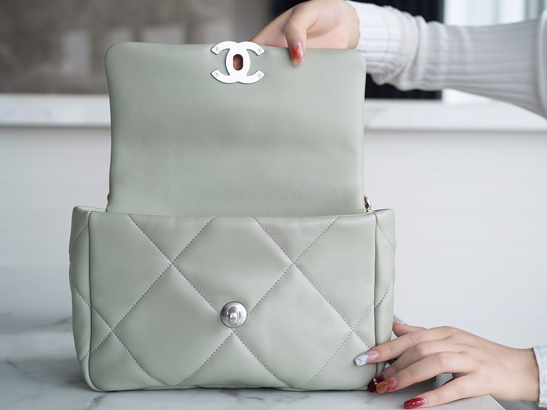 Chanel 19 BAG 22C Milk Green Gray Silver Accessories Small  