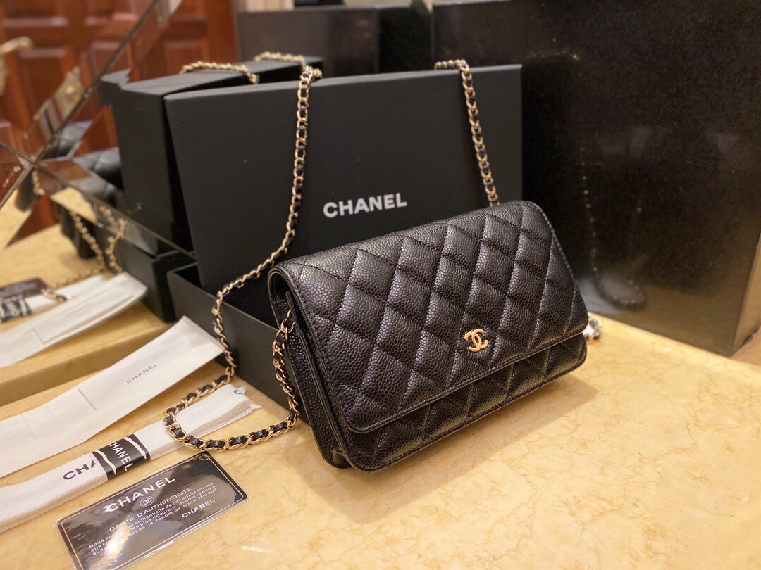 Chanel Entry-Level Classic Fortune Bag Black/Gold Caviar Pebbled Leather  