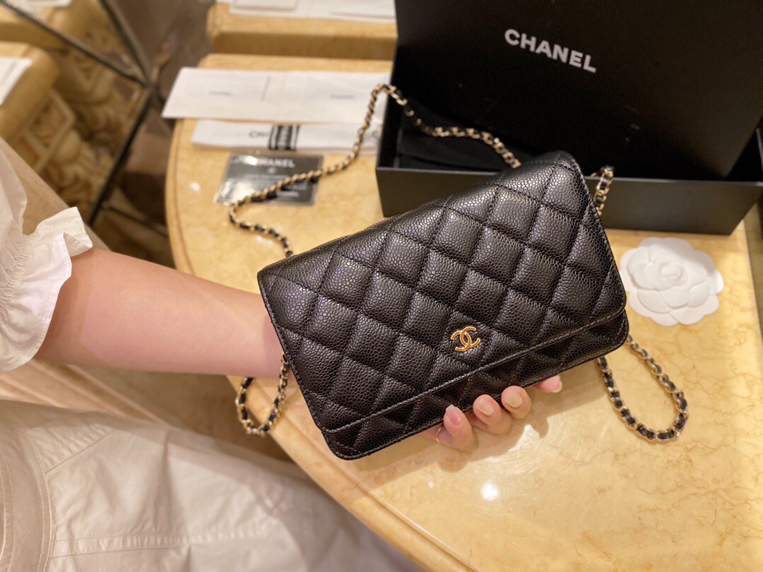 Chanel Entry-Level Classic Fortune Bag Black/Gold Caviar Pebbled Leather  