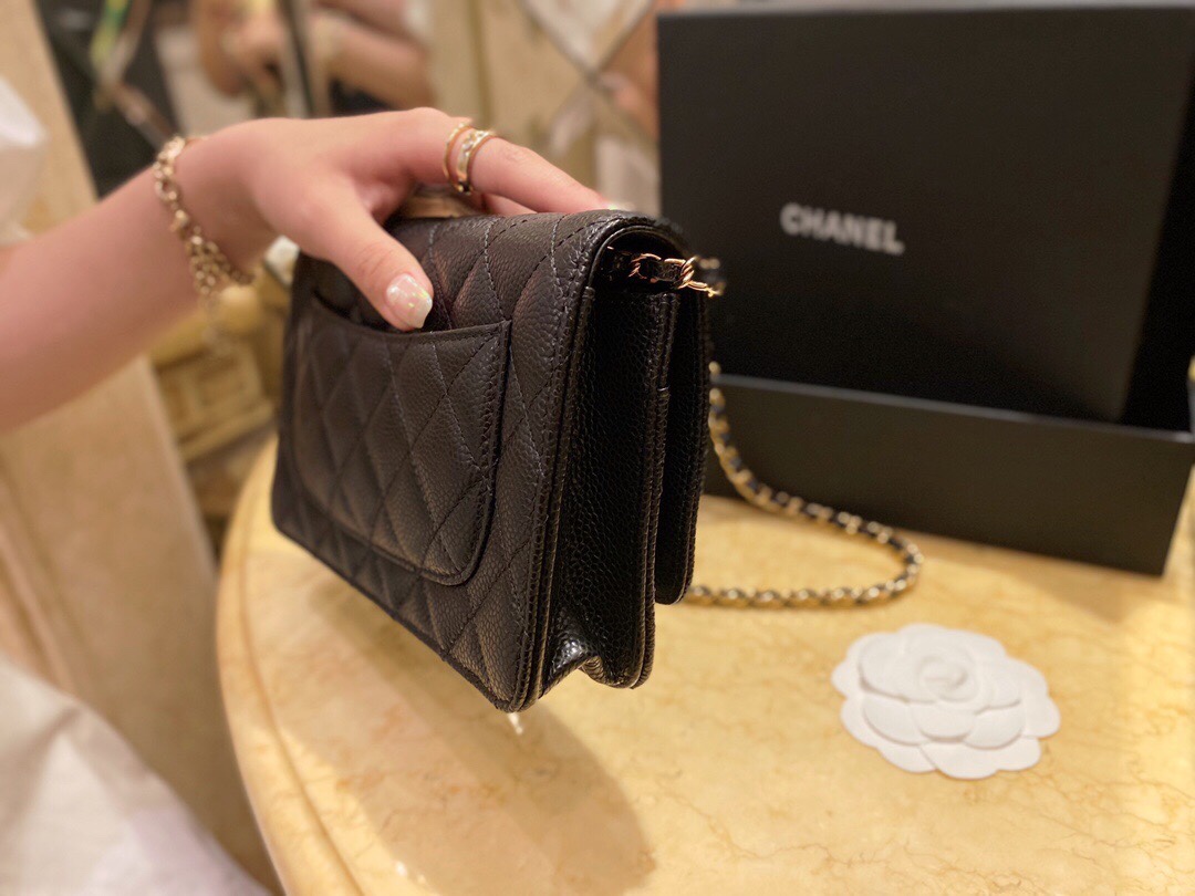 Chanel Entry-Level Classic Fortune Bag Black/Gold Caviar Pebbled Leather  