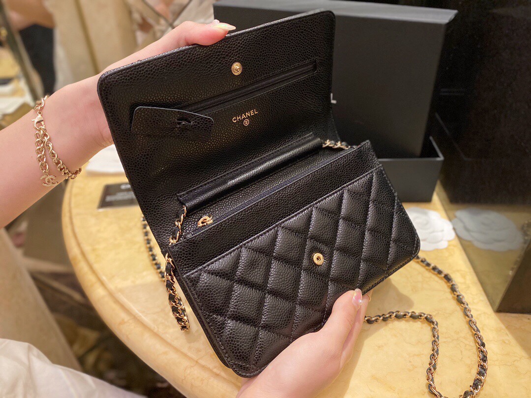 Chanel Entry-Level Classic Fortune Bag Black/Gold Caviar Pebbled Leather  