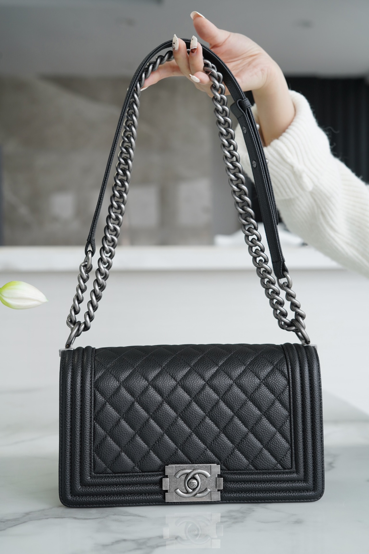 Chanel Leboy Large Ball Pattern Black/Silver Medium Caviar Leather  