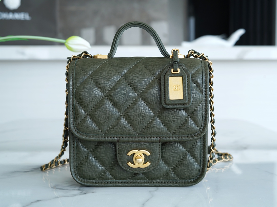 CHANEL 22K Postman Tofu Bag Olive Green Fine Grain Leather  