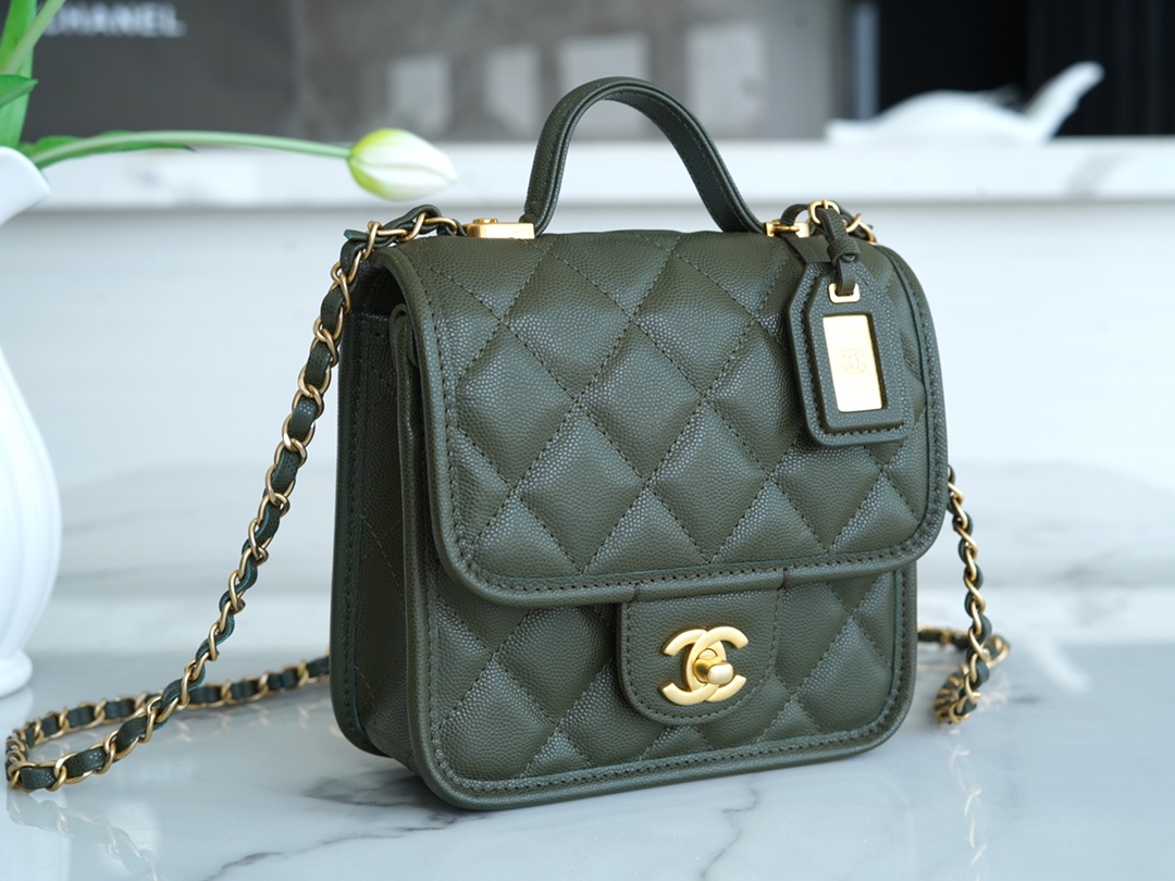 CHANEL 22K Postman Tofu Bag Olive Green Fine Grain Leather  