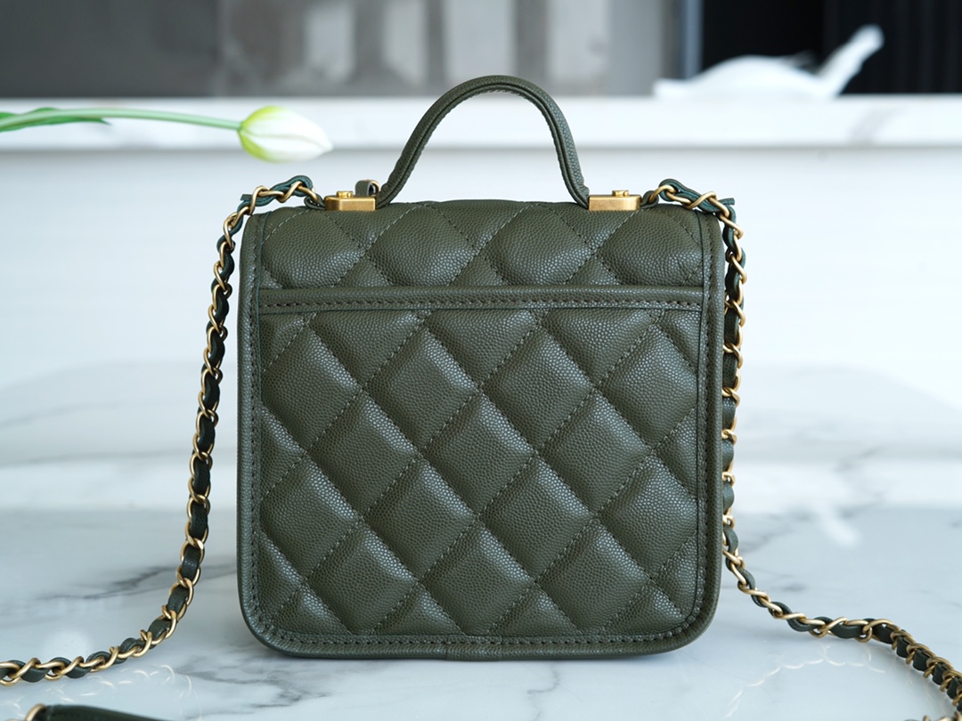 CHANEL 22K Postman Tofu Bag Olive Green Fine Grain Leather  