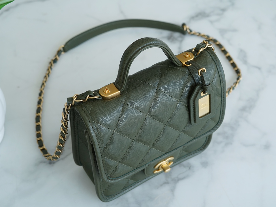 CHANEL 22K Postman Tofu Bag Olive Green Fine Grain Leather  