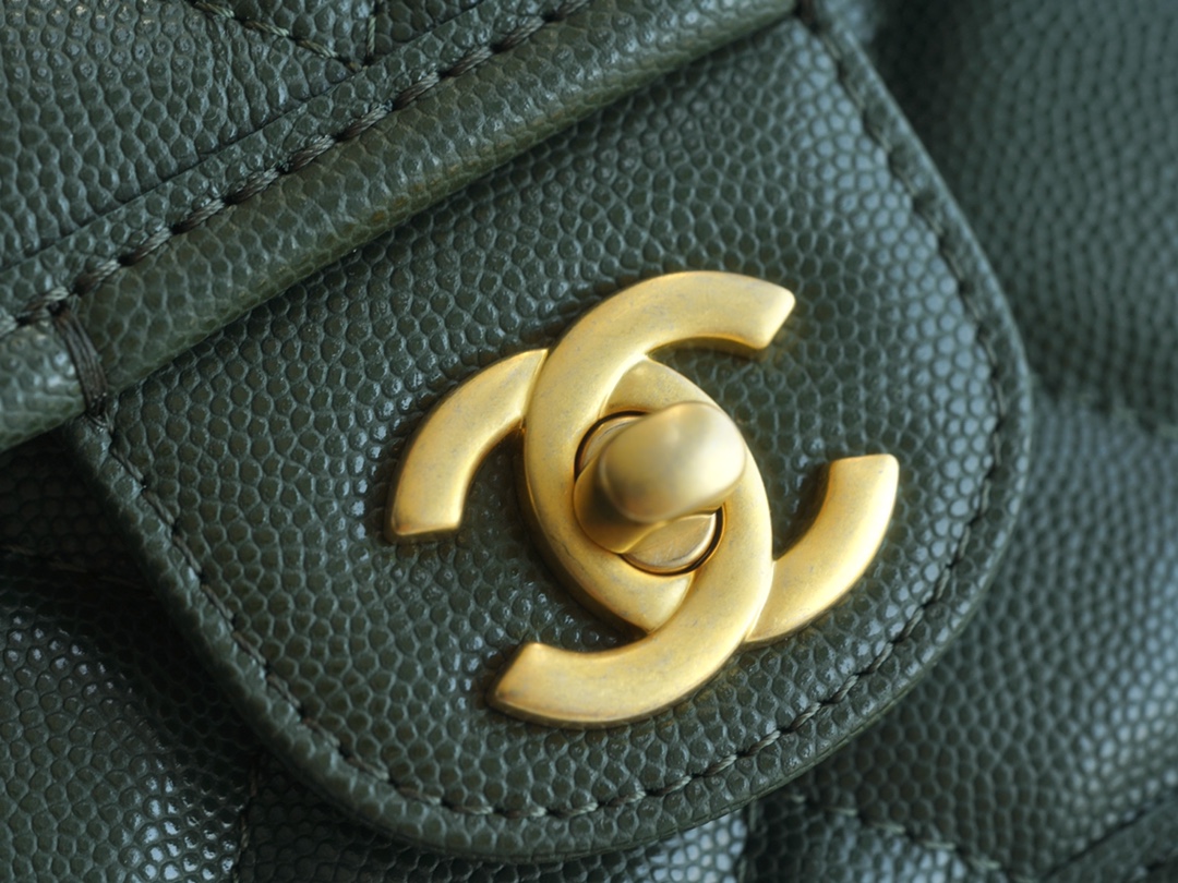 CHANEL 22K Postman Tofu Bag Olive Green Fine Grain Leather  