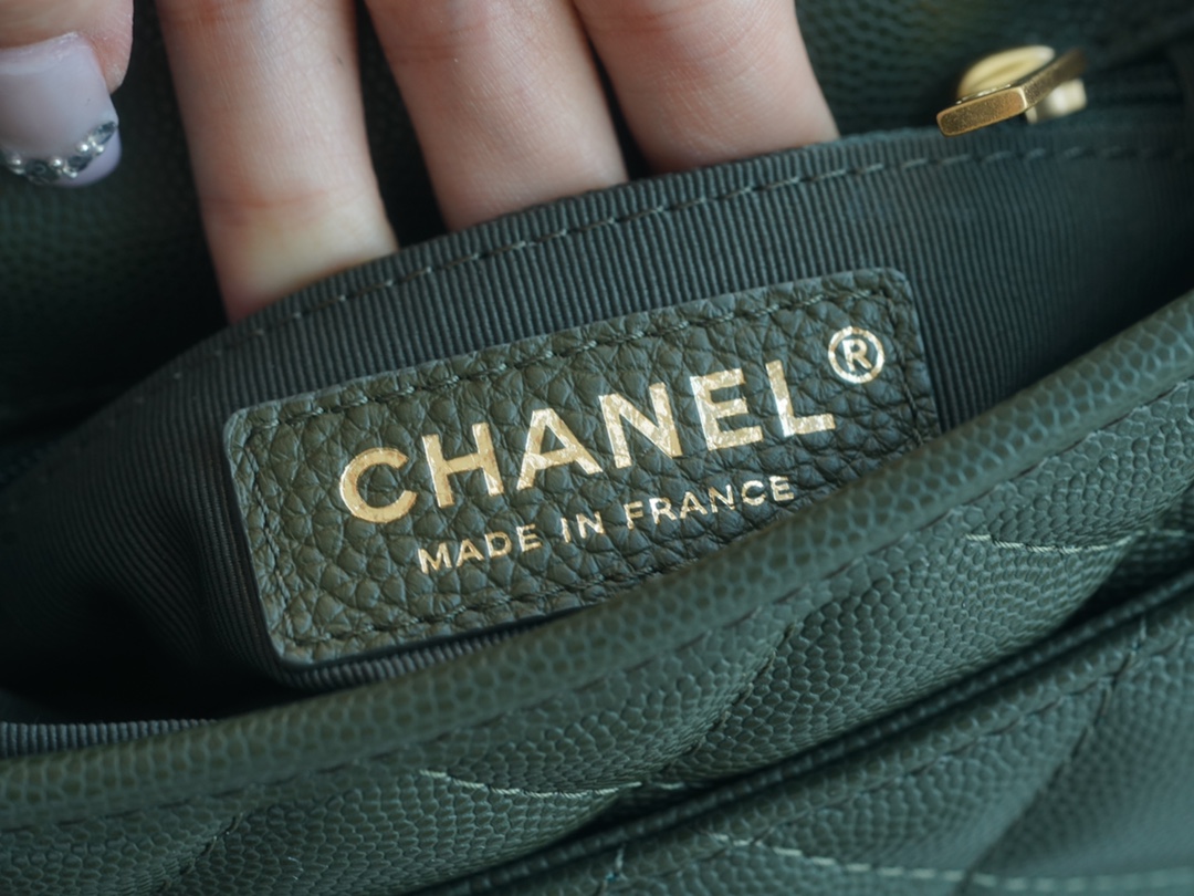 CHANEL 22K Postman Tofu Bag Olive Green Fine Grain Leather  