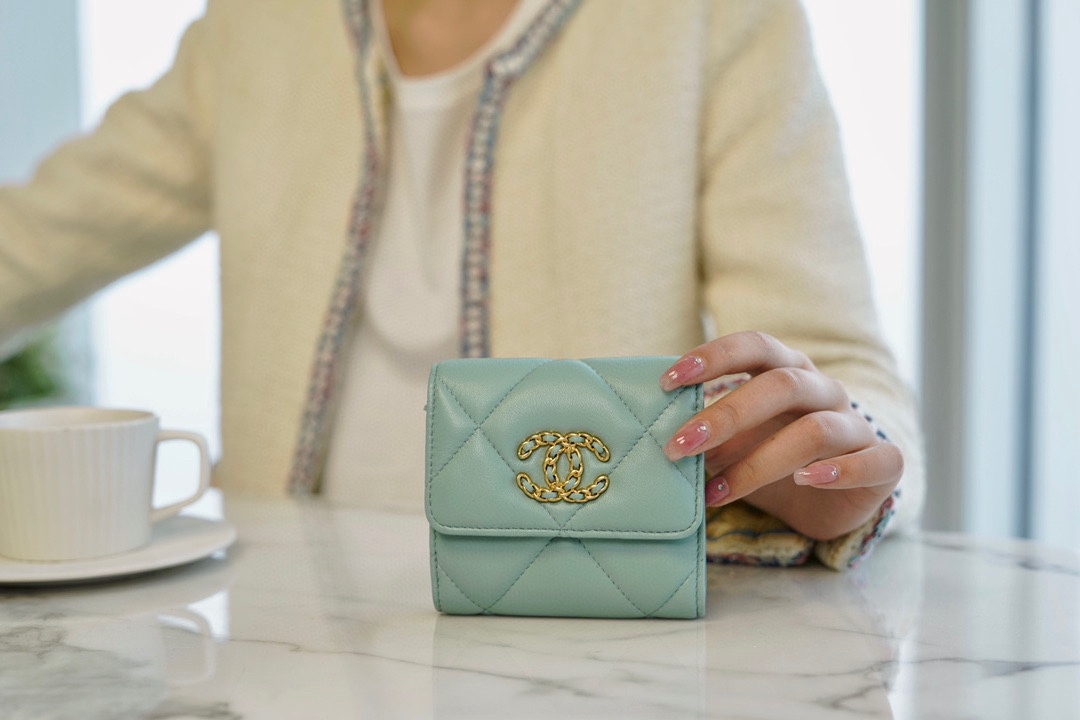 CHANEL 19 Short Wallet Tiffany Blue Goat Leather  