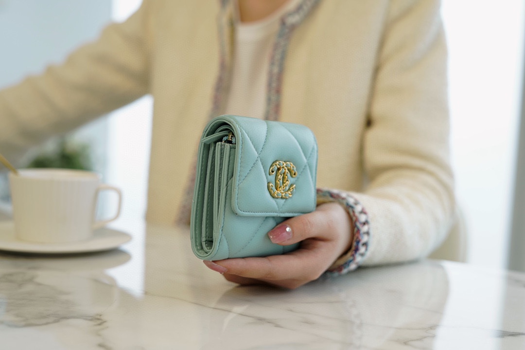 CHANEL 19 Short Wallet Tiffany Blue Goat Leather  