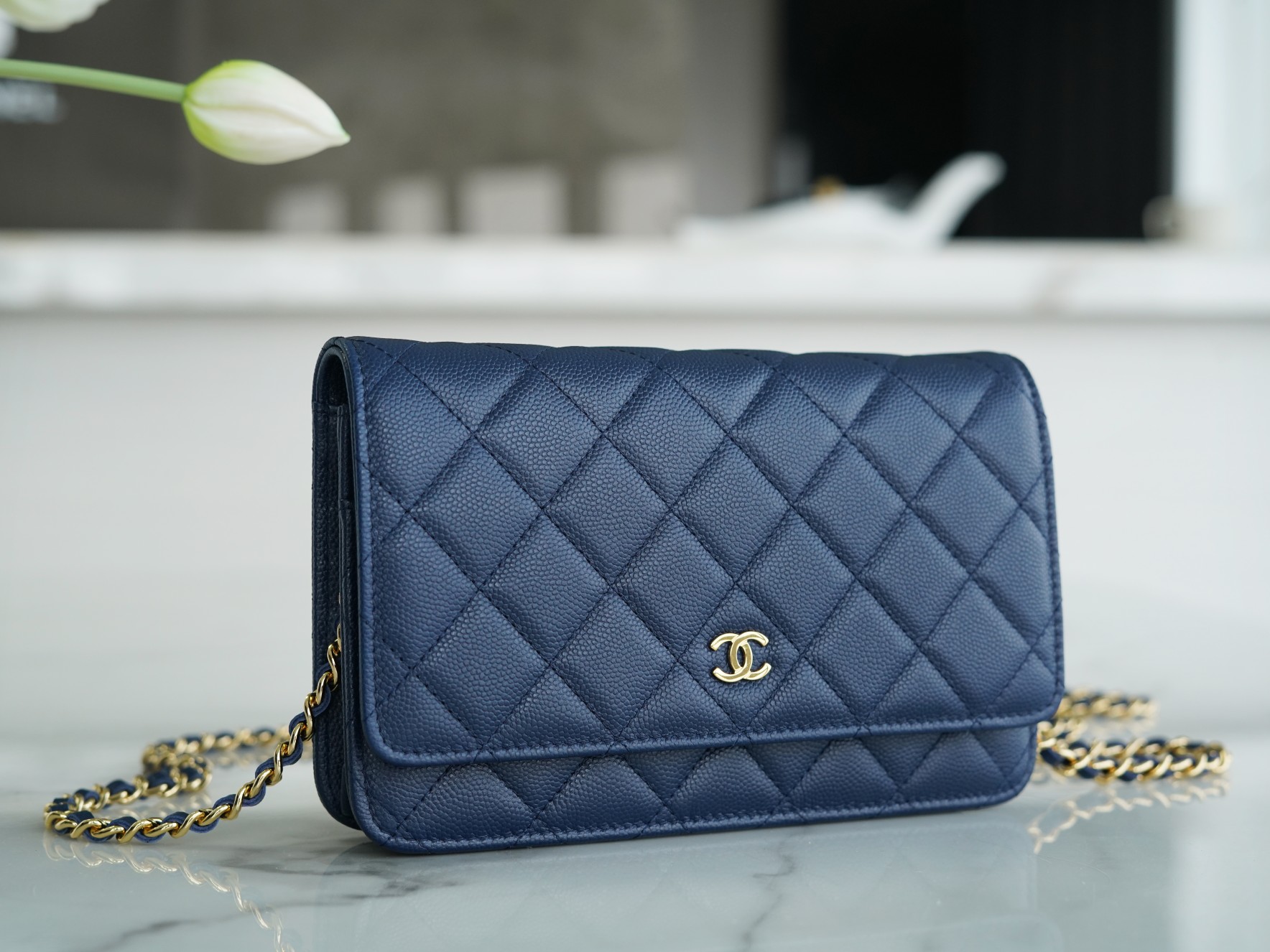 Chanel Wallet (Magnetic Closure) Deep Blue Caviar Leather  