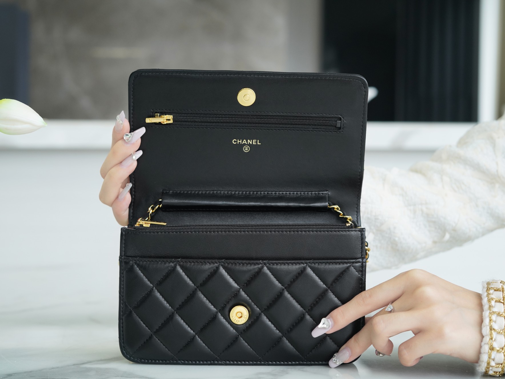 CHANEL Entry-Level Classic WOC (Magnetic Closure) Black Gold Lambskin  