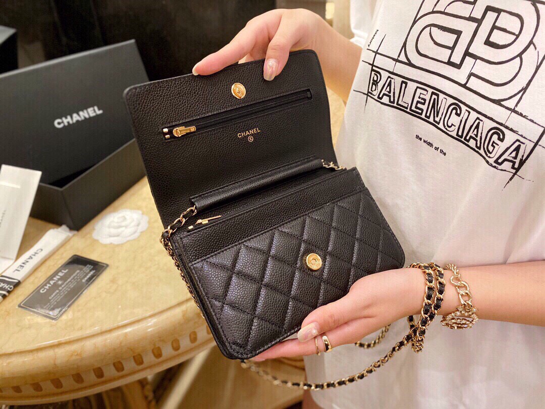 2020 Spring/Summer New WOC Wallet Black Gold Caviar Leather  