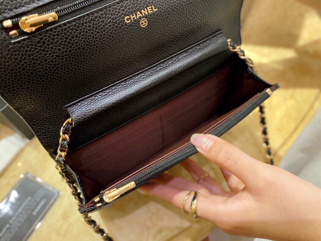 2020 Spring/Summer New WOC Wallet Black Gold Caviar Leather  