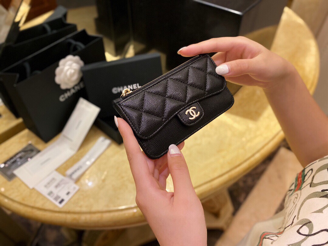 2020 Spring/Summer New Zipper Coin Card Holder Black Gold Grainy Embossed Calfskin  