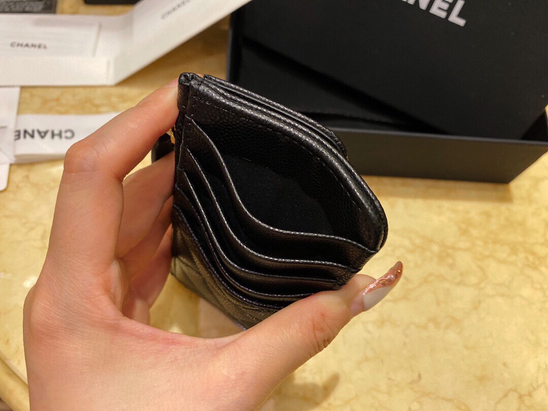 2020 Spring/Summer New Zipper Coin Card Holder Black Gold Grainy Embossed Calfskin  