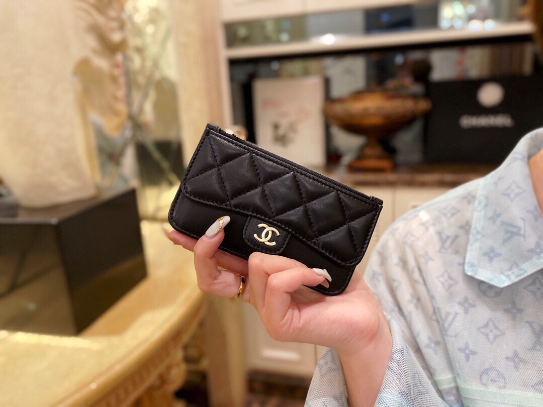 2020 Spring/Summer New Zipper Coin Card Holder Black Lambskin  