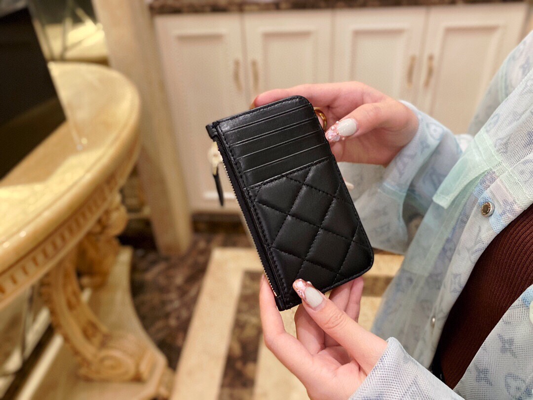 2020 Spring/Summer New Zipper Coin Card Holder Black Lambskin  