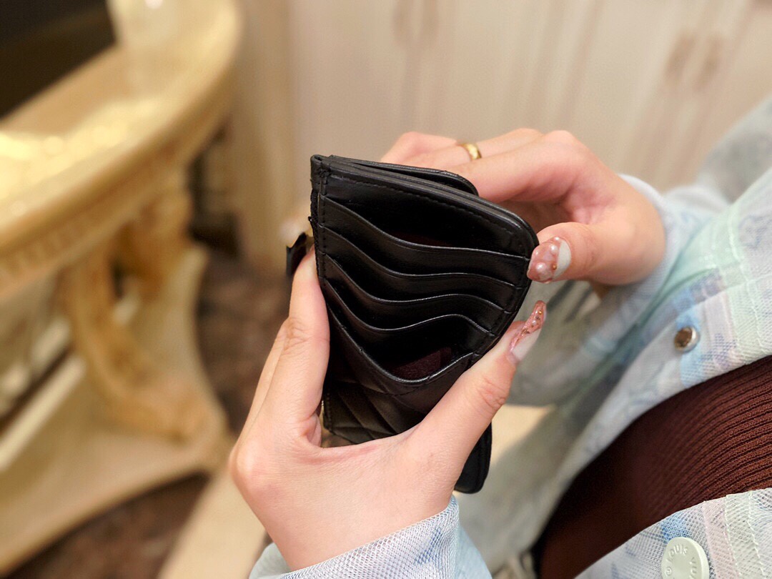 2020 Spring/Summer New Zipper Coin Card Holder Black Lambskin  