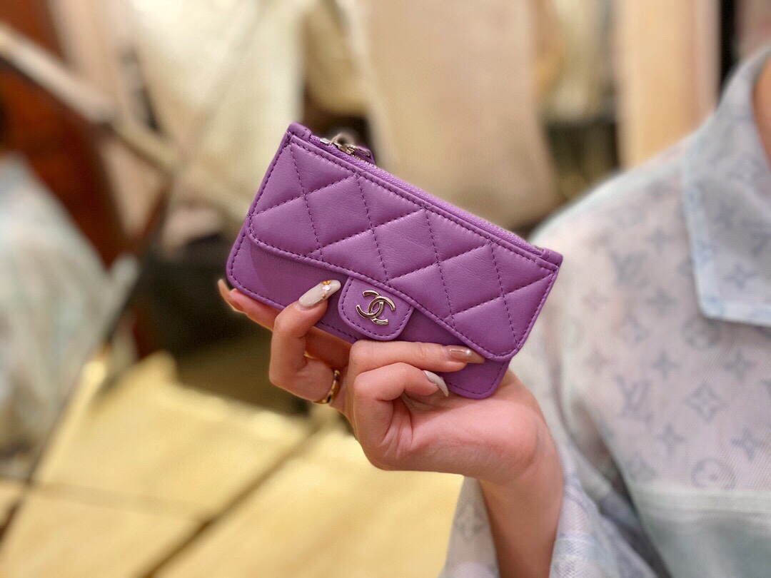 2020 Spring/Summer New Zipper Coin Card Holder Lavender Purple Lambskin  