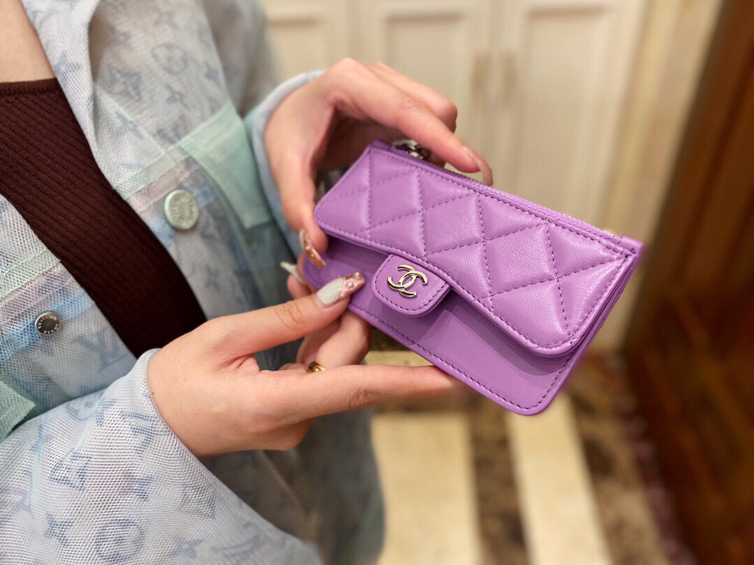 2020 Spring/Summer New Zipper Coin Card Holder Lavender Purple Lambskin  