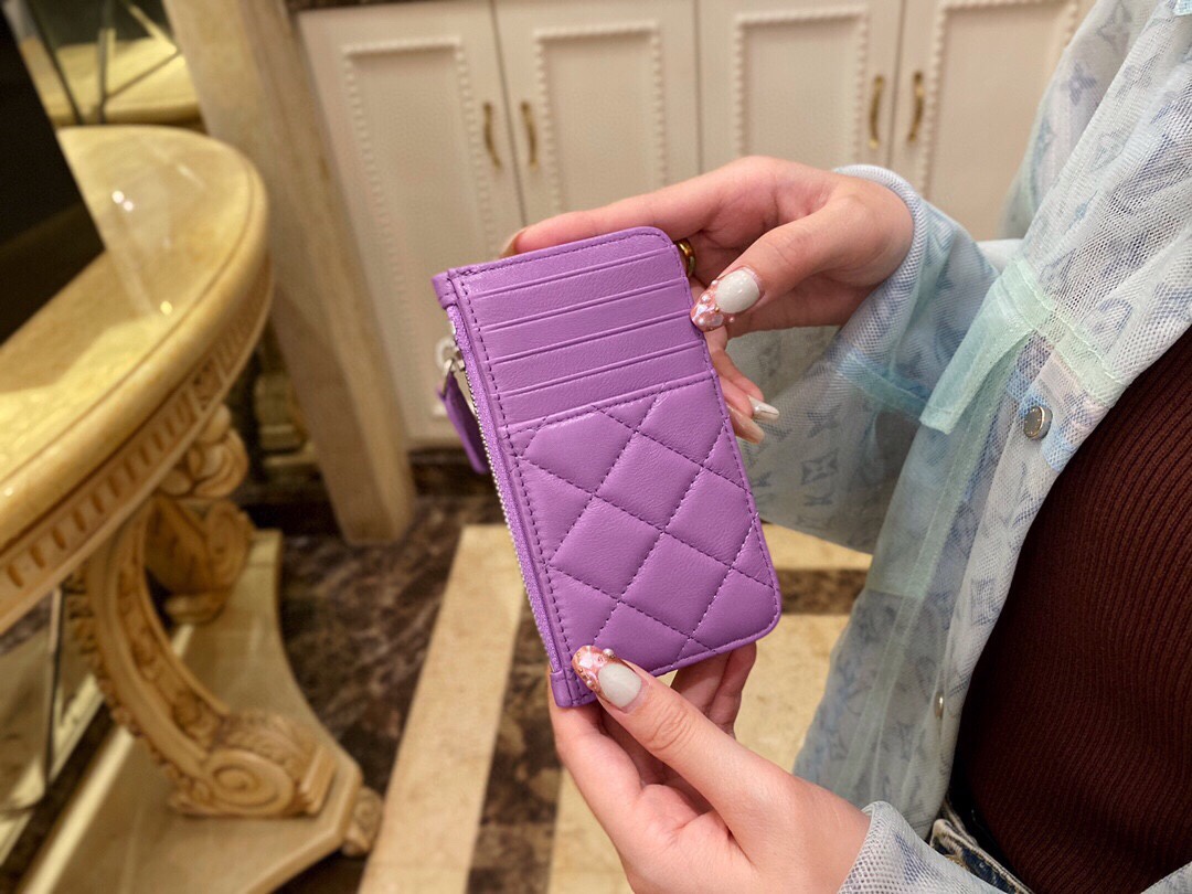 2020 Spring/Summer New Zipper Coin Card Holder Lavender Purple Lambskin  