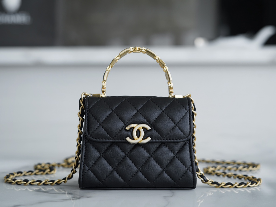 CHANEL 22B Enamel Handle Chain Bag Small Black  