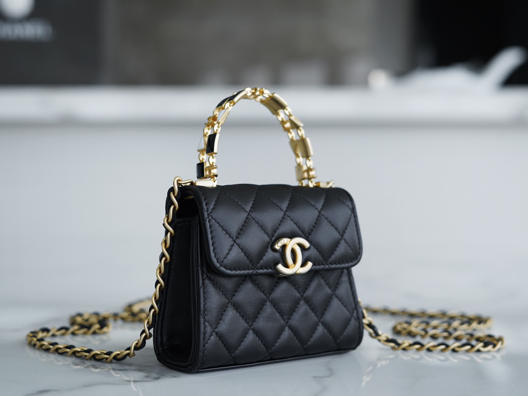 CHANEL 22B Enamel Handle Chain Bag Small Black  