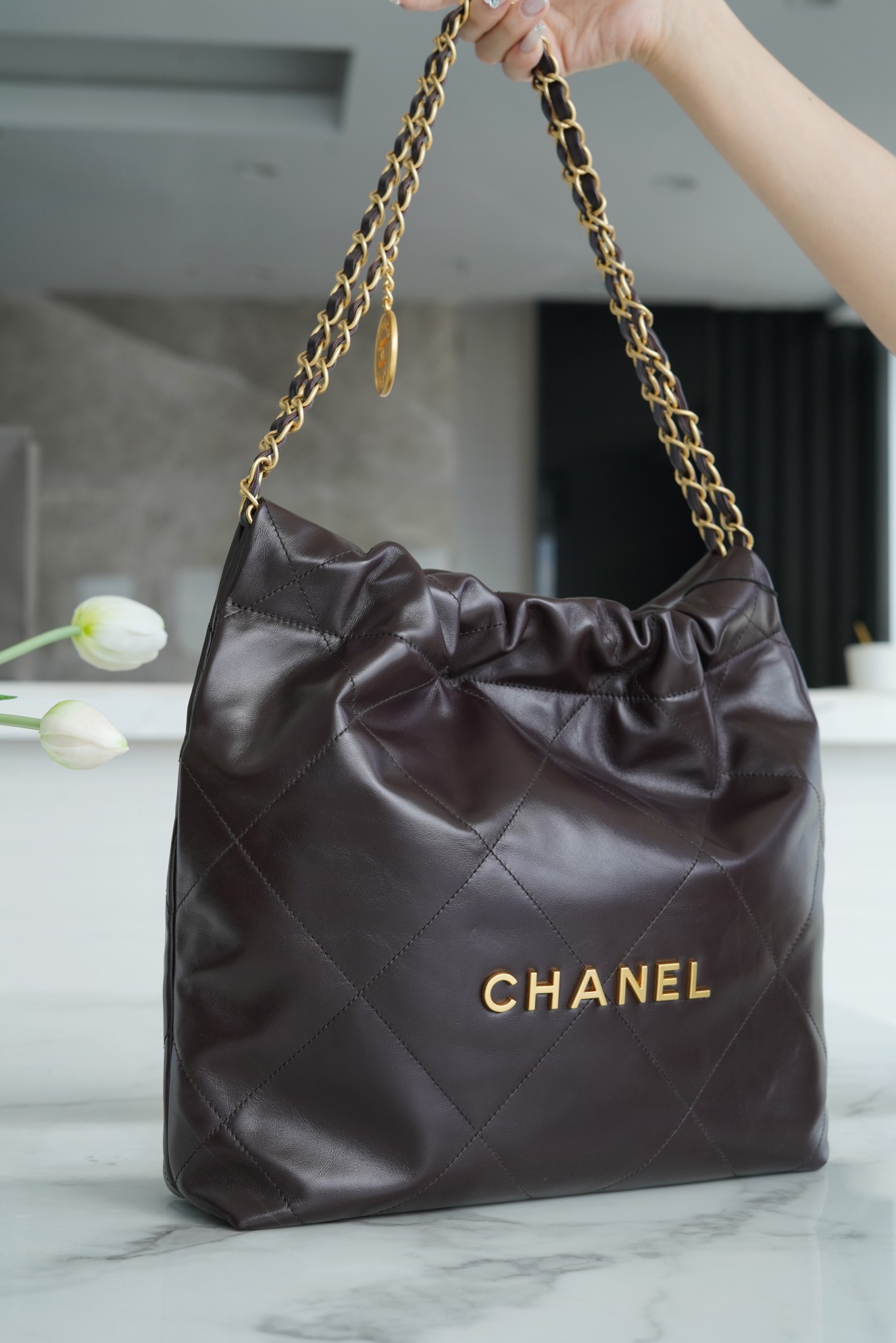 CHANEL 22P Handbag Chocolate Small  