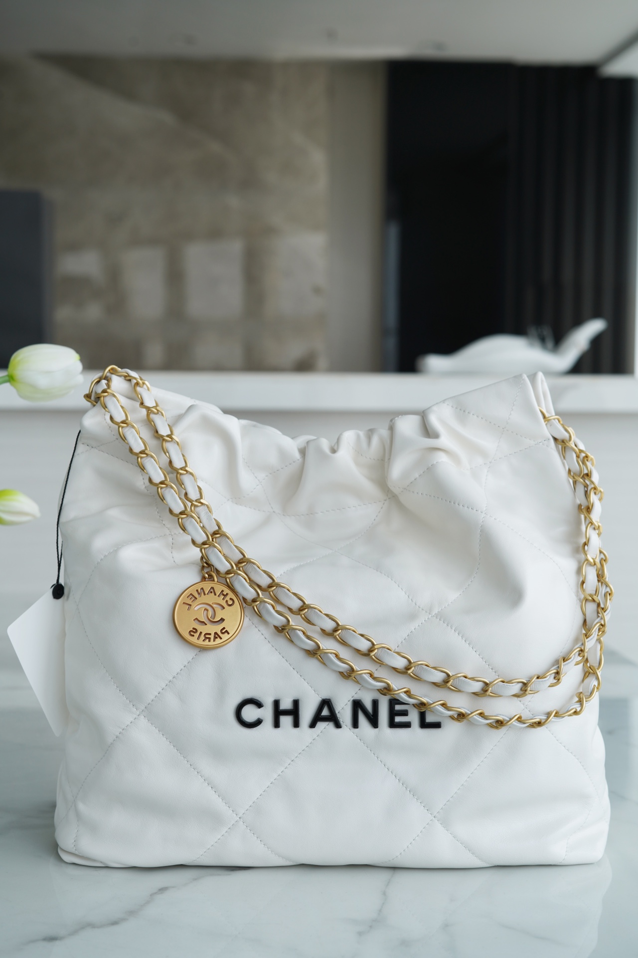 CHANEL 22P Handbag Small White with Black Hardware  