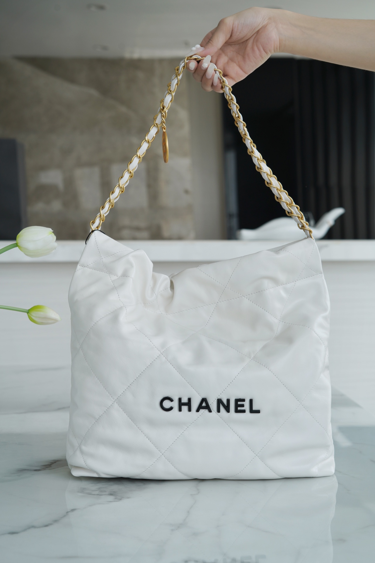 CHANEL 22P Handbag Small White with Black Hardware  