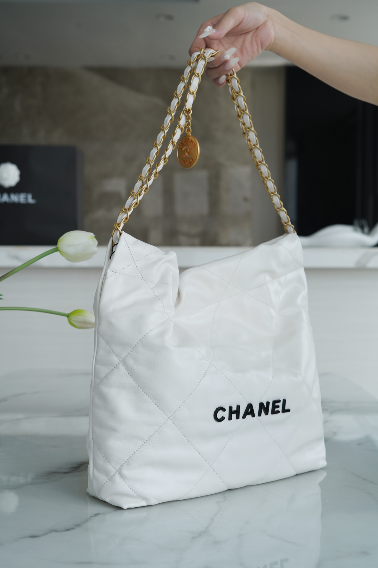 CHANEL 22P Handbag Small White with Black Hardware  