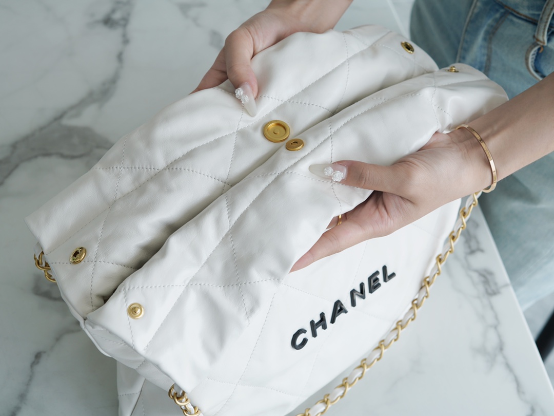 CHANEL 22P Handbag Small White with Black Hardware  