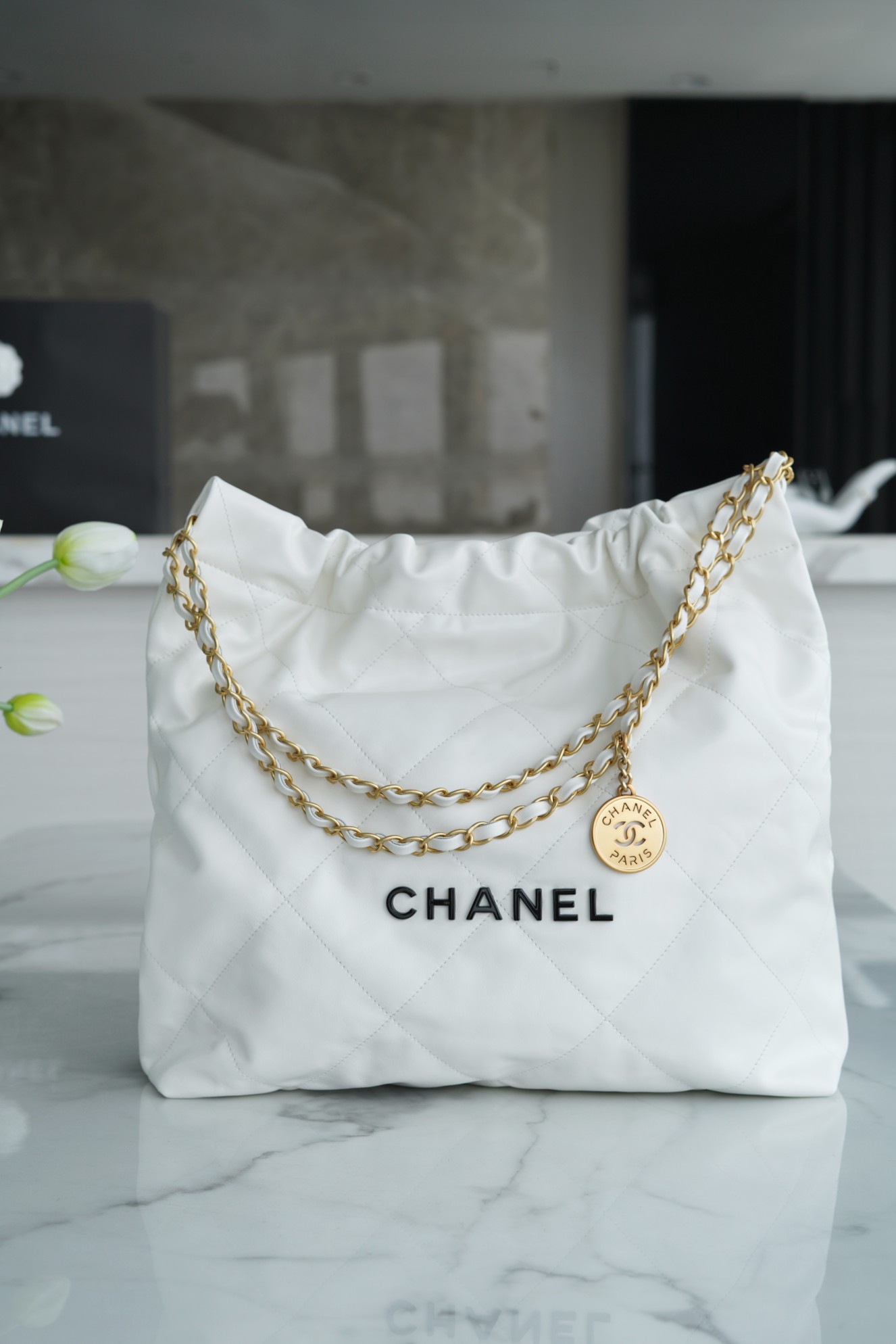 CHANEL 22P Handbag Medium White with Black Hardware Calfskin  