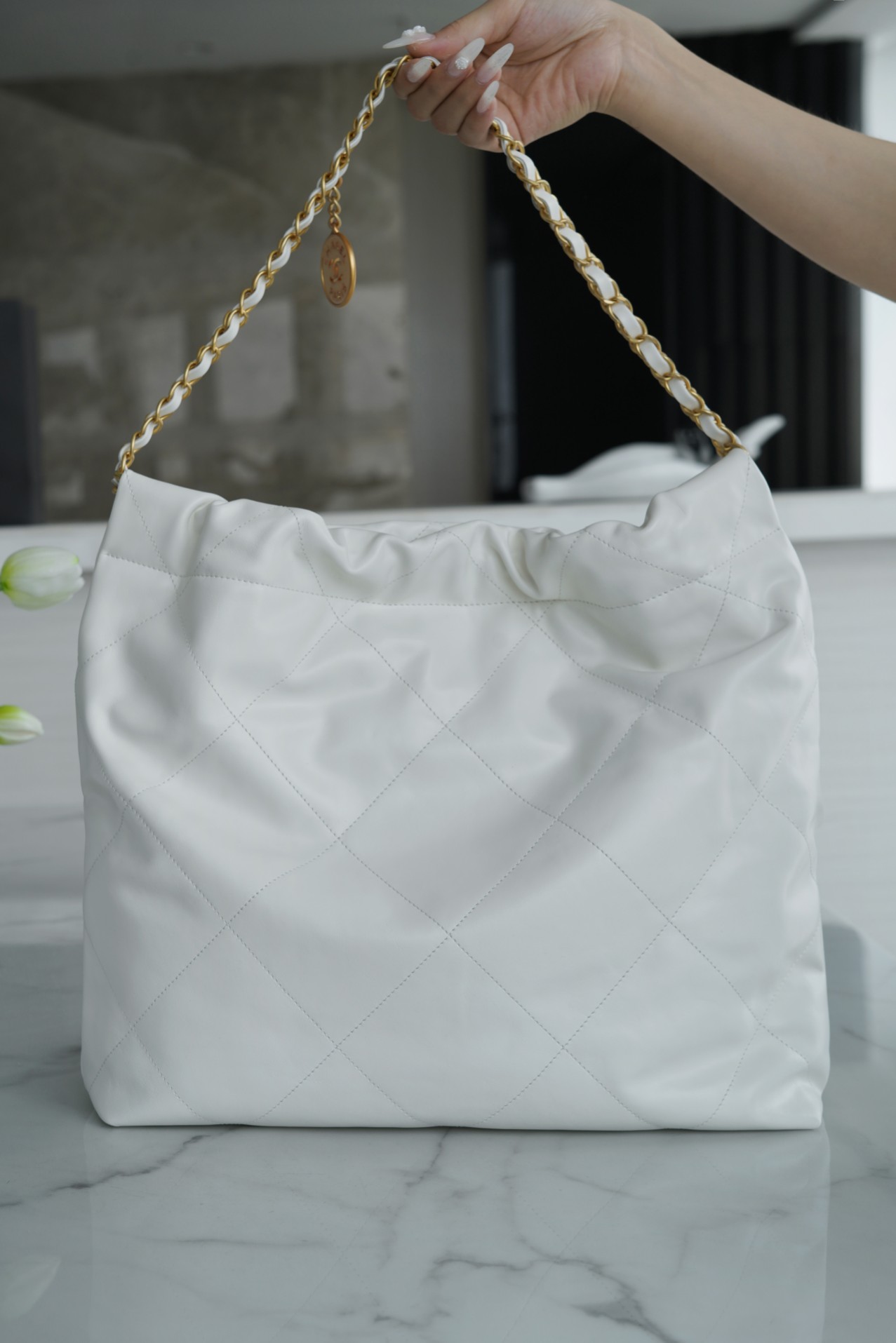 CHANEL 22P Handbag Medium White with Black Hardware Calfskin  