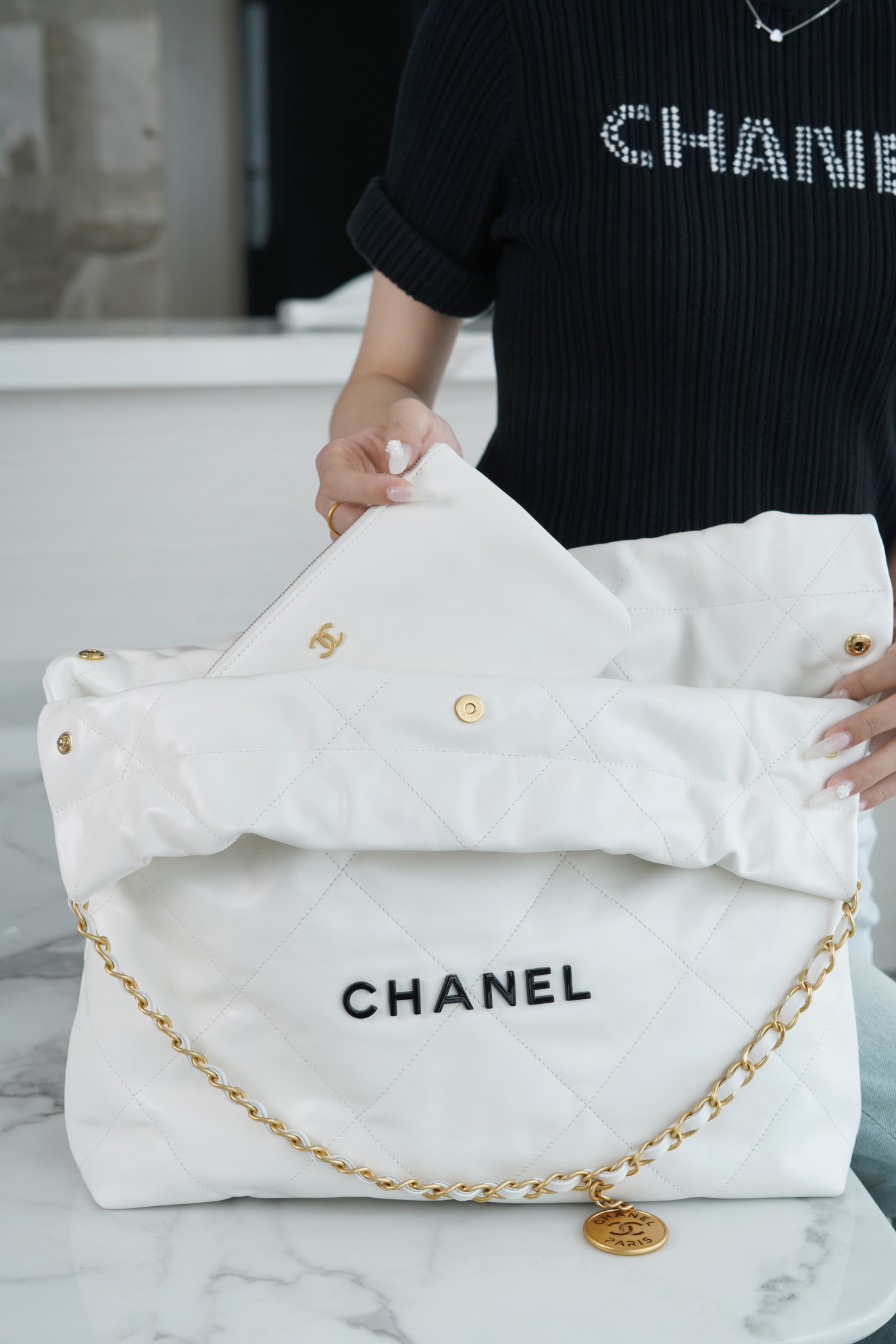 CHANEL 22P Handbag Medium White with Black Hardware Calfskin  