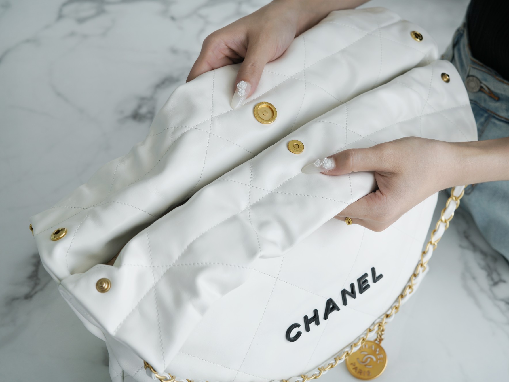 CHANEL 22P Handbag Medium White with Black Hardware Calfskin  