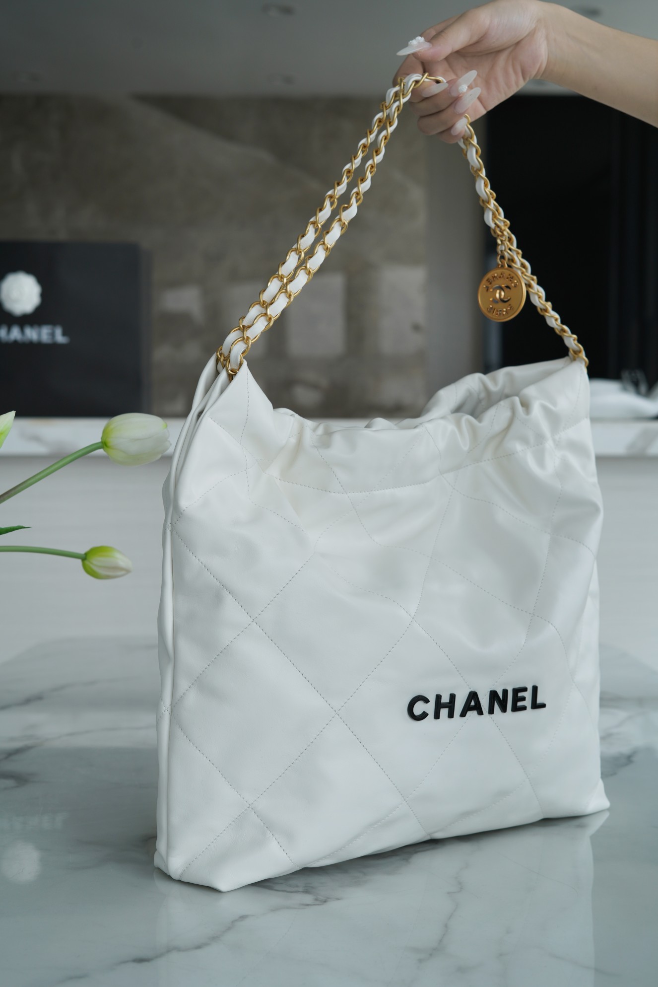 CHANEL 22P Handbag Medium White with Black Hardware Calfskin  