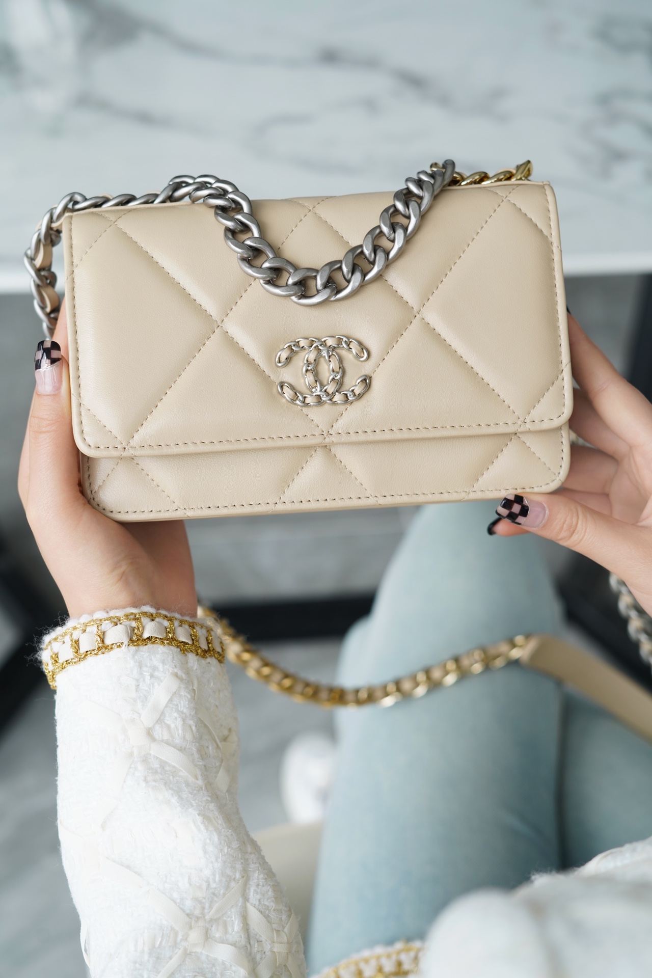 CHANEL 19 WOC 22C Almond Color Silver Hardware  