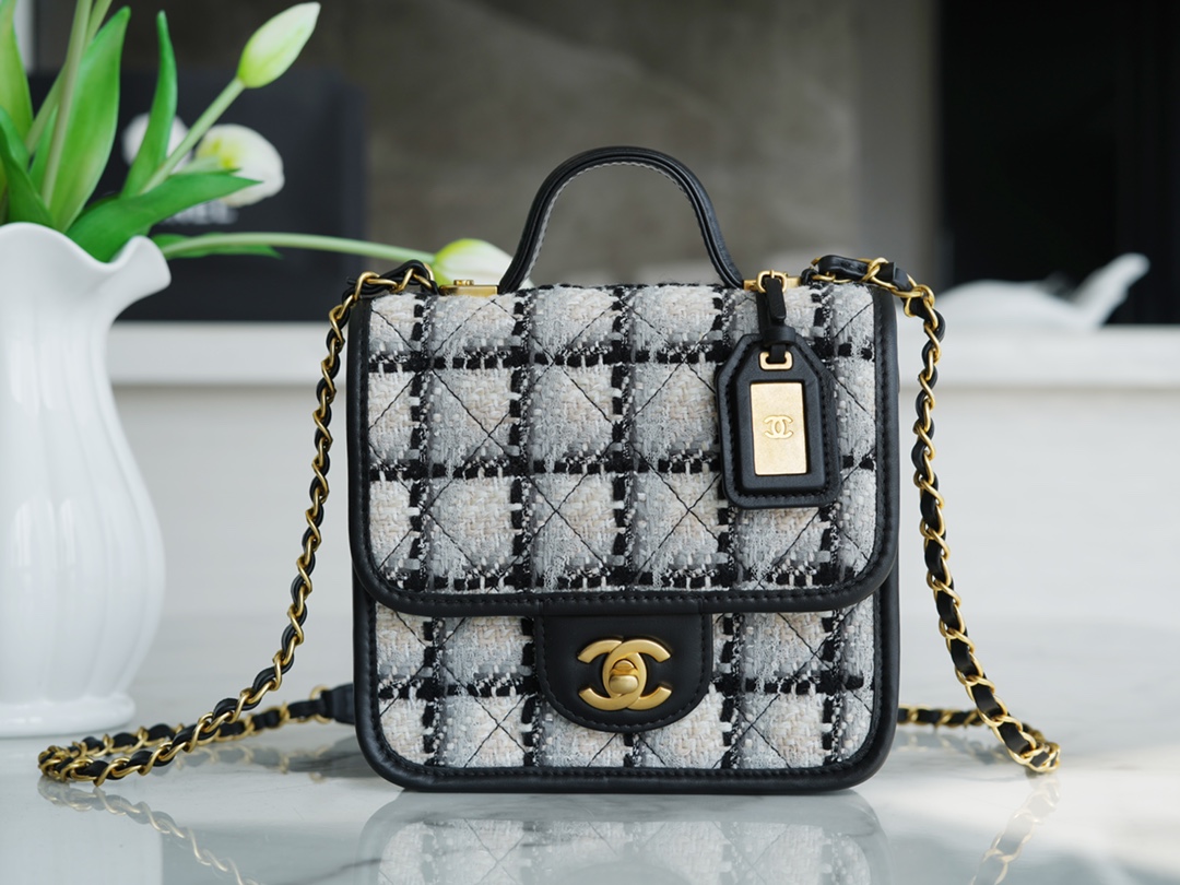 CHANEL 22K Tweed Small Black & White Postman Tofu Bag  