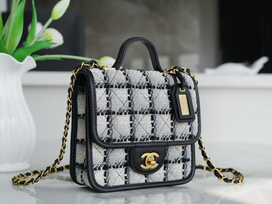 CHANEL 22K Tweed Small Black & White Postman Tofu Bag  