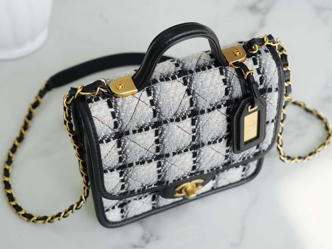 CHANEL 22K Tweed Small Black & White Postman Tofu Bag  