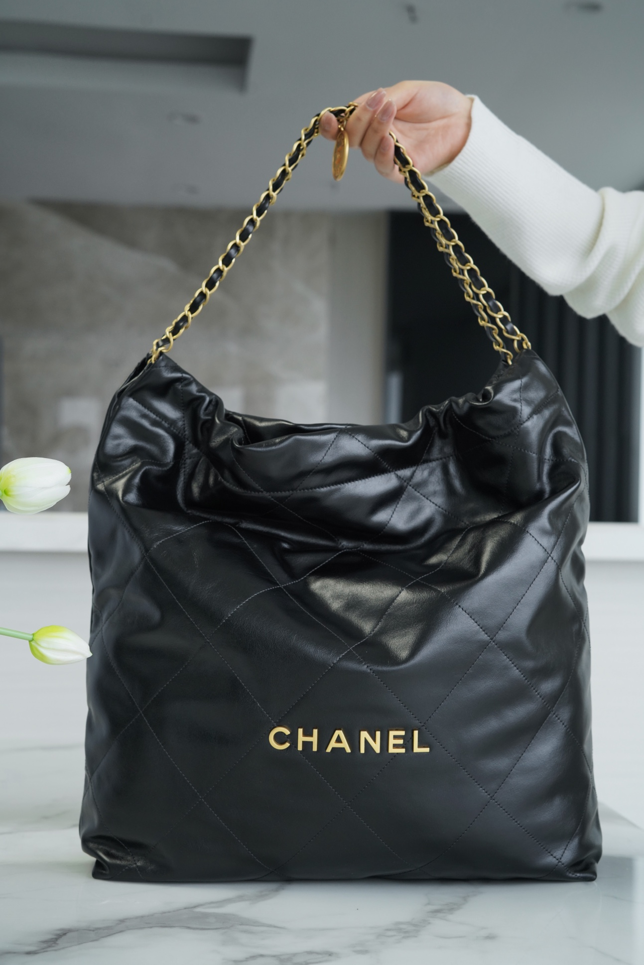 CHANEL 22P Spring/Summer New 22 Handbag Large Black with Gold Hardware  