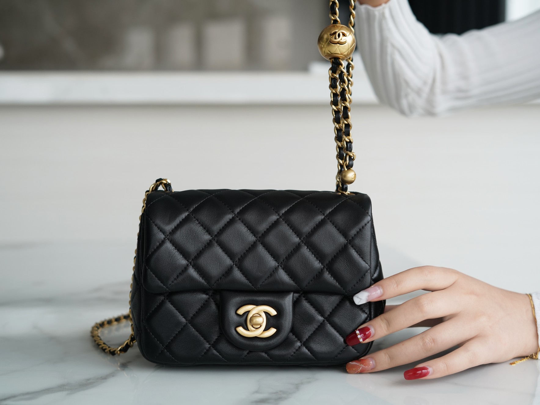 Chanel CF Metal Ball Square Fatty Black  