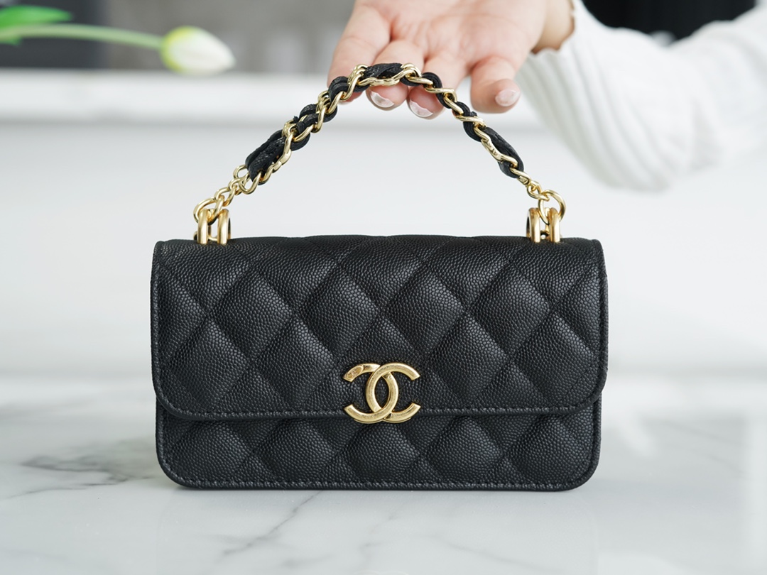 CHANEL 22K Chain Mini WOC Phone Bag Black & Gold Lizard Grain Calfskin  