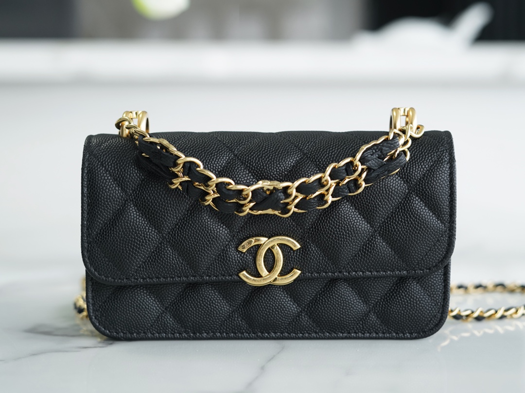 CHANEL 22K Chain Mini WOC Phone Bag Black & Gold Lizard Grain Calfskin  