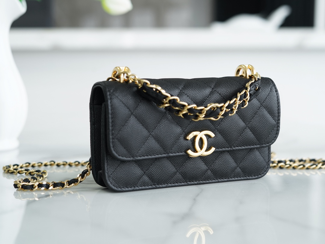 CHANEL 22K Chain Mini WOC Phone Bag Black & Gold Lizard Grain Calfskin  