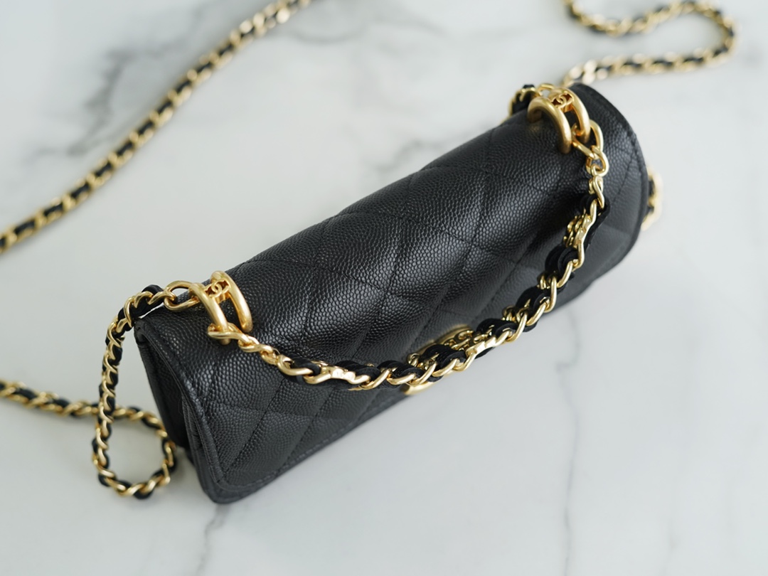 CHANEL 22K Chain Mini WOC Phone Bag Black & Gold Lizard Grain Calfskin  