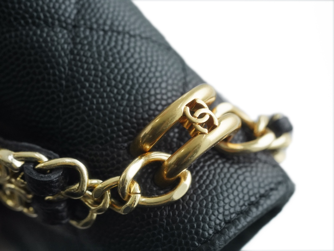 CHANEL 22K Chain Mini WOC Phone Bag Black & Gold Lizard Grain Calfskin  